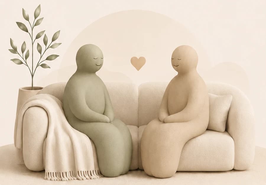 Two figures sitting together on a sofa, listening